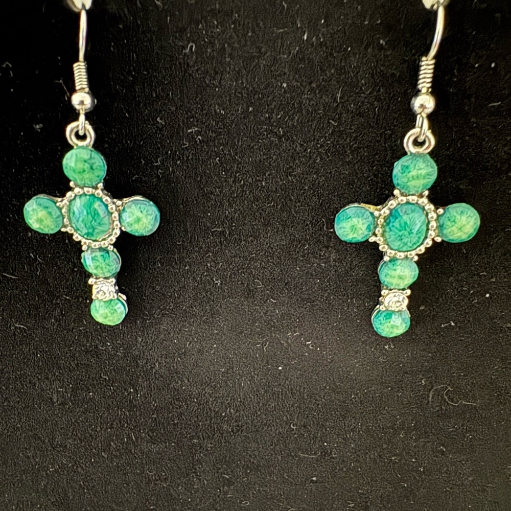 Elegant Silver and Green Cross Earrings